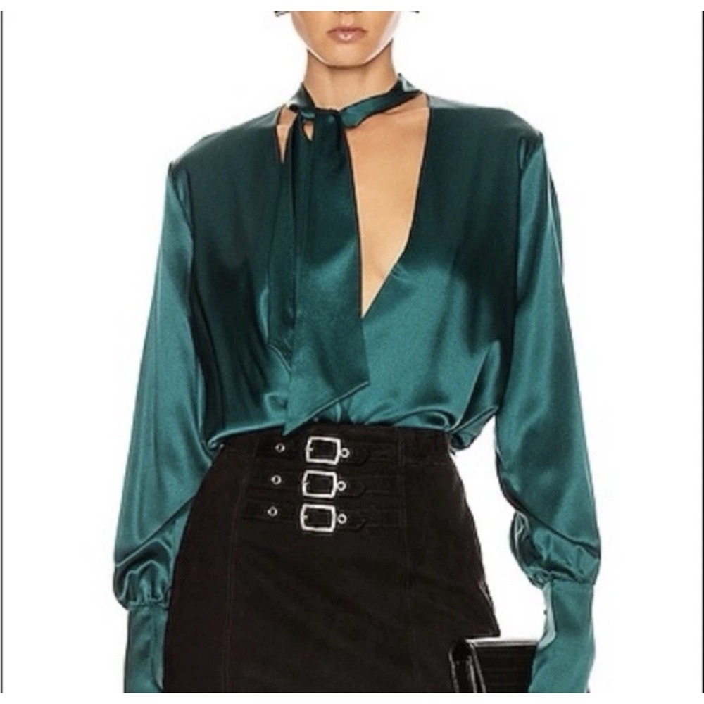 JONATHAN SIMKHAI Wrap Front Silk Charmeuse Bodysuit Size Small In Deep Emerald
